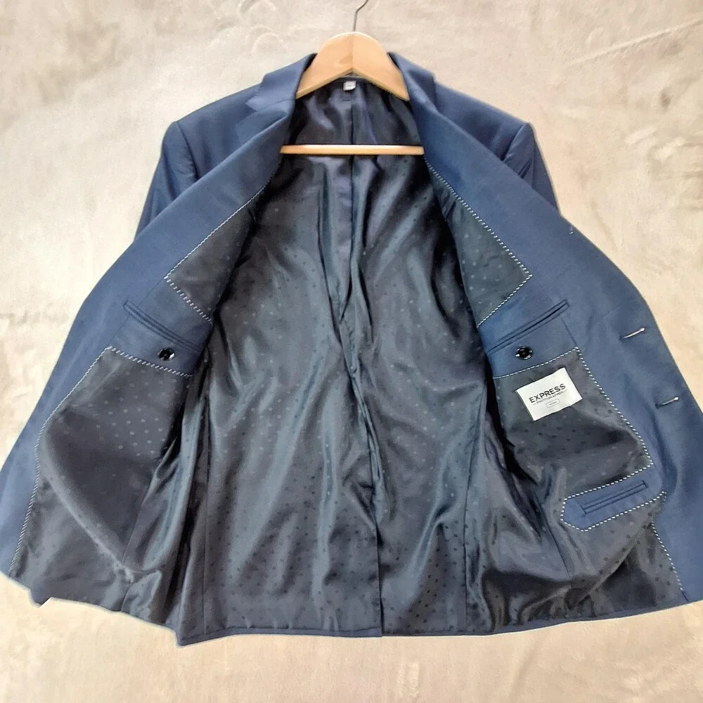 Express Photographer Suit Jacket Mens 38 Blue Solid Single Vent 2 Button Fitted